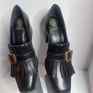 Vince Camuto Black Fringe Heels with Gold Buckle